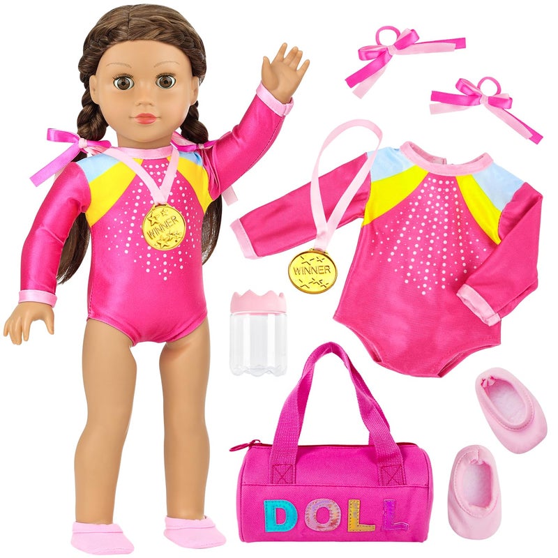 K. T. Fancy K.T. Fancy 18 Inch Doll Gymnastics Clothes Set - Pink Leotard  Shoes  Gym Bag  Olympic Medal  Water Bottle & Hair Accessories for Doll Play  Doll Not Included - Image 1